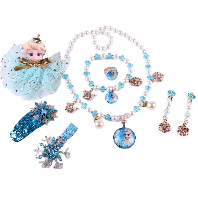 Bộ Vòng Cổ + Vòng Tay + Dây Chuyền Bằng Hợp Kim Dầu In Hình Công Chúa Elsa Phong Cách Mới Cho Bé #