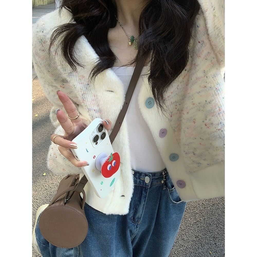 Áo Khoác Cardigan Dệt Kim Dáng Ngắn Form Ôm Phối Lông Họa Tiết Chấm Bi Màu Be Thời Trang Cho Nữ