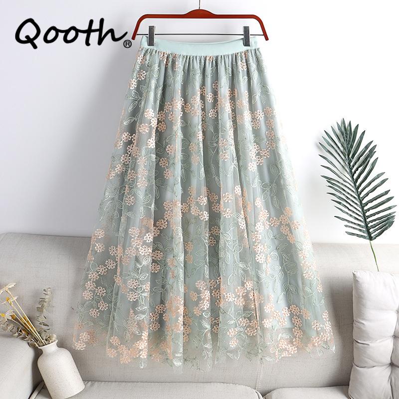 Qooth Nữ Thanh Lịch Thêu Hoa Váy Voan Ngọt Ngào Lưng Thun Midi Hoa Váy Lưới Cho Mùa Xuân Hè QT2166
