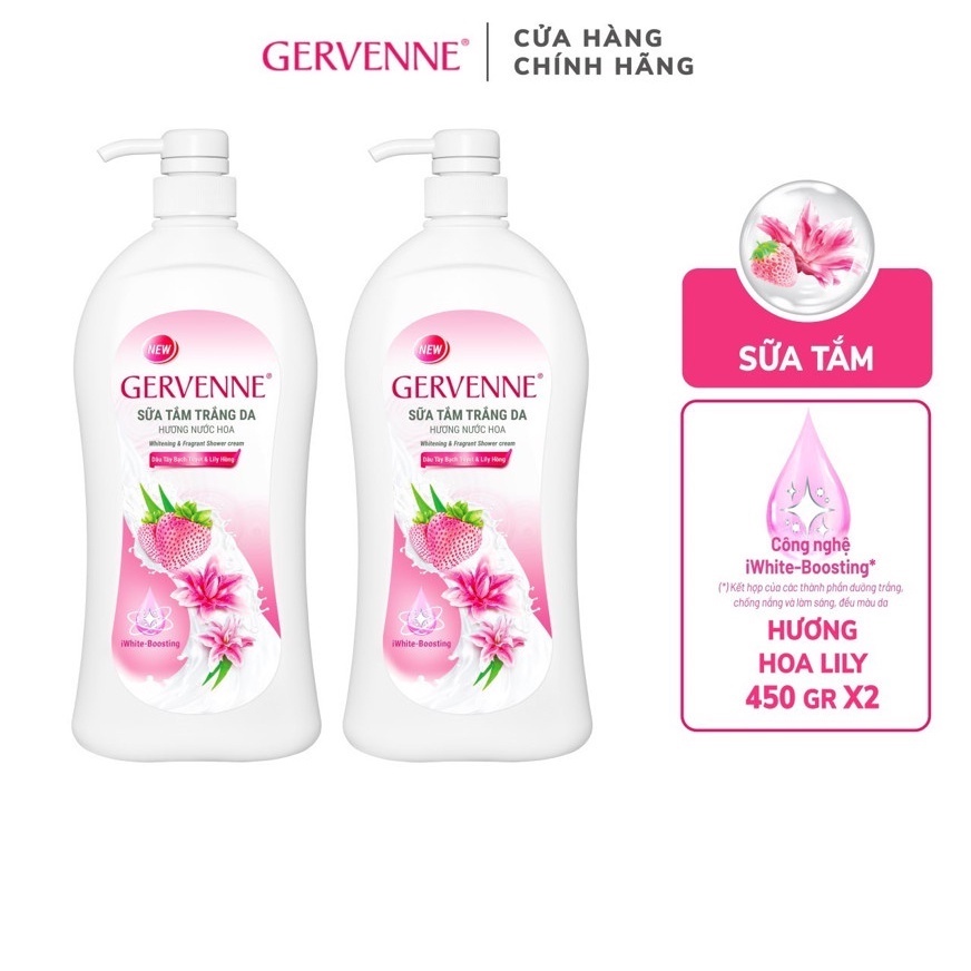 Combo 2 Sữa tắm trắng da hương nước hoa Gervenne Dâu Tây Bạch Tuyết và Lily Hồng 1.2L/chai