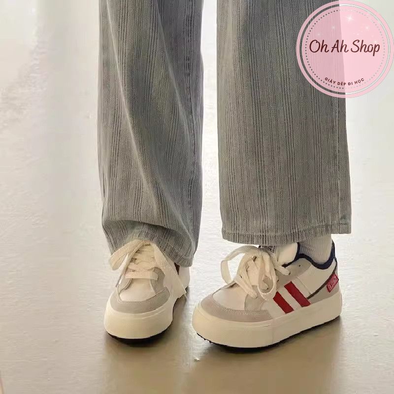 🍓  Giày Nữ Đi Học Giày Vải Canvas Màu Xám Kẻ Đỏ Gót Navy Loại 1  Ohahshopgiaydep