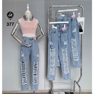  Quần baggy jean nữ màu xanh siêu rách tả tơi có tag hồng bánh bèo Lê Huy Fashion MS 377 