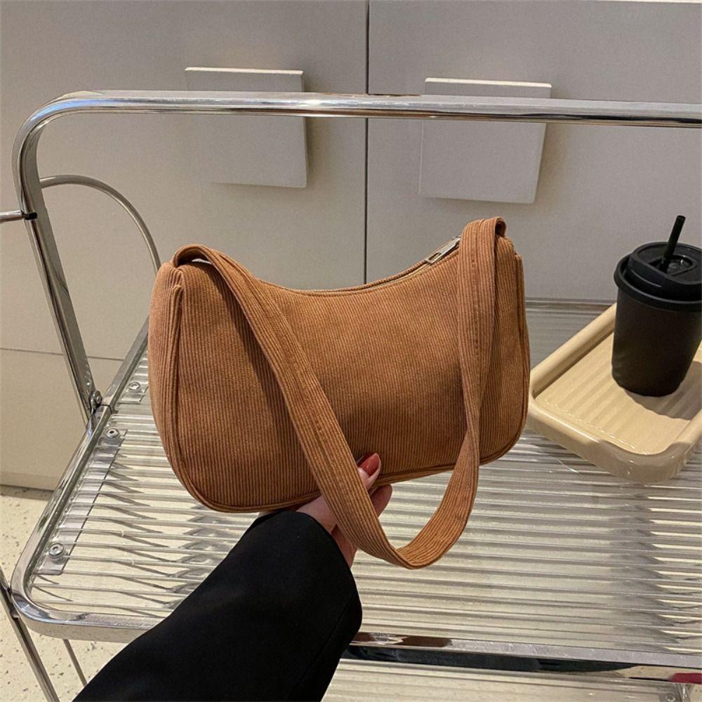 Túi Xách Đeo Dưới Cánh Tay Vải Nhung Kẻ Màu Trơn Có Khóa Kéo Kiểu Vintage Hàn Quốc Cho Nữ