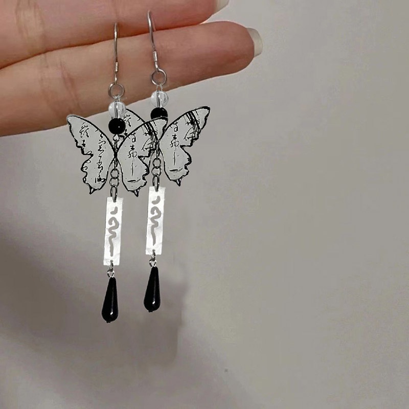 Khuyên Tai Dáng Dài Mặt Hình Bướm Vẽ Mực Nước Phong Cách Trung Hoa Mới