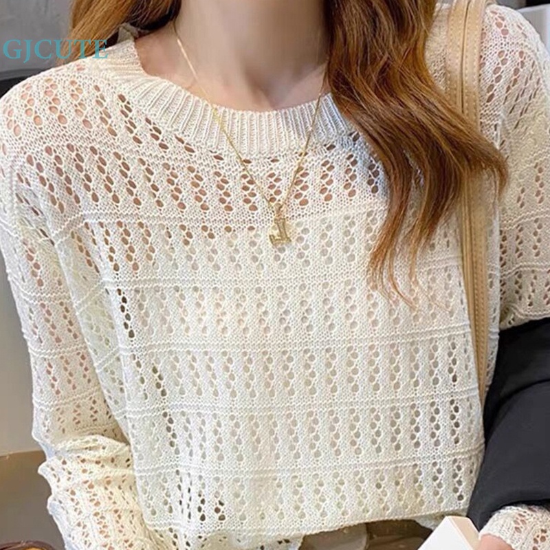 Gjcute phụ nữ mùa hè màu rắn cổ tròn rỗng ra dài tay áo đơn giản lỏng dệt kim hàng đầu wtd
