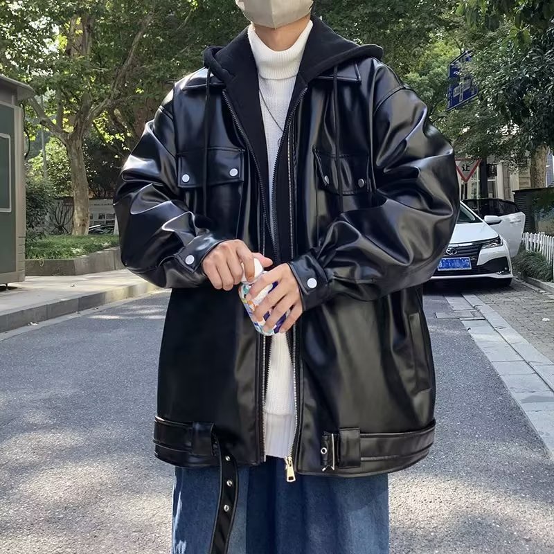 Yazhiniao Áo Khoác Giả Da Có Mũ Trùm Dáng Rộng Thời Trang Cá Tính Cho Nam