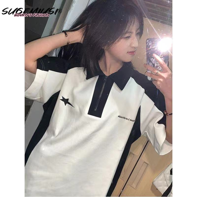 Áo Thun Cotton Tinh Khiết Cổ polo Ngắn Tay Nửa Dây Kéo Retro Cho Nữ