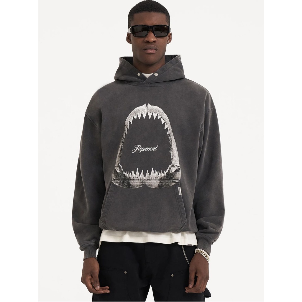 OYRA REPRESENT shark teeth retro washed old printed hooded sweater 400G Terry Cotton