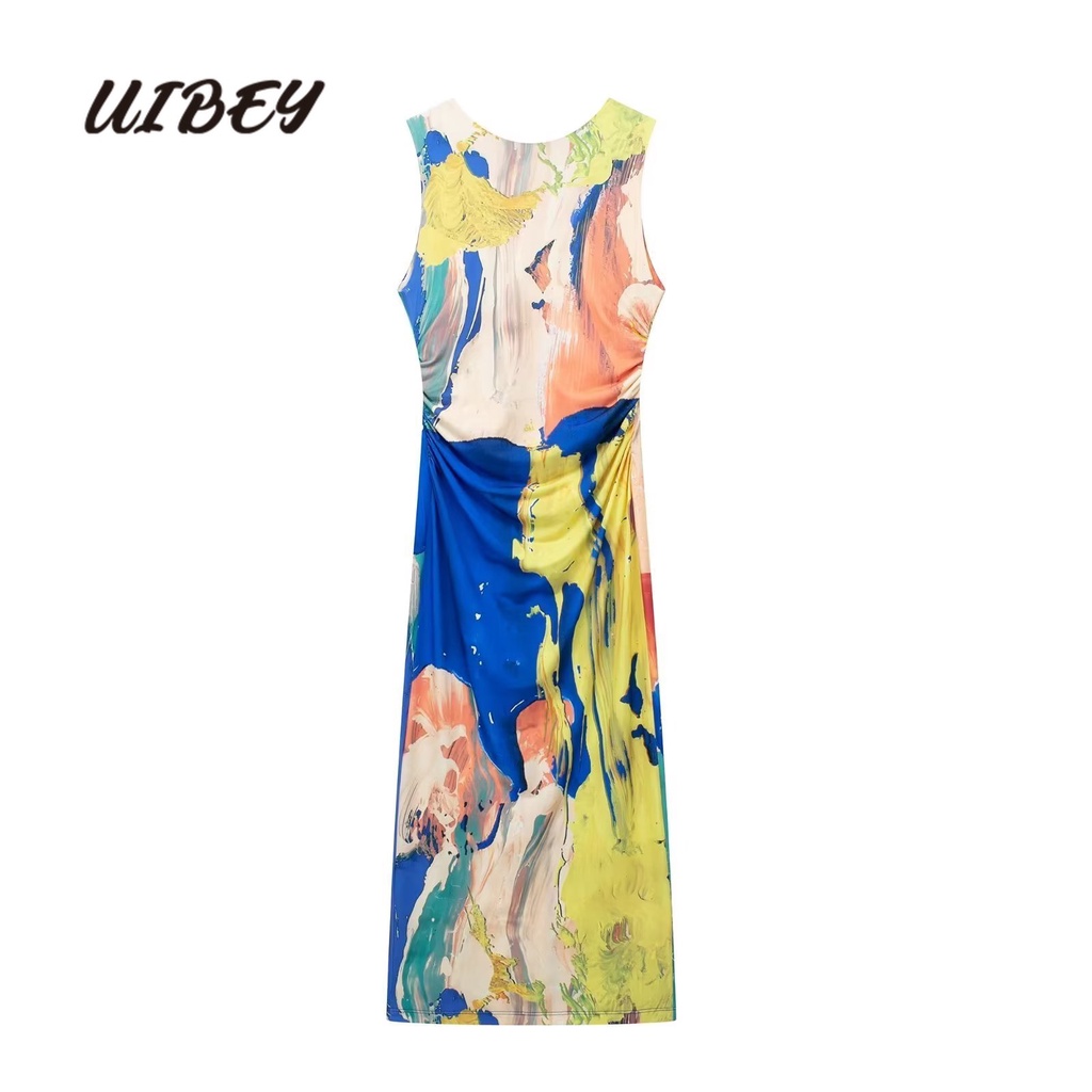 Uibey fashion in cổ tròn gấp tự nuôi dưỡng váy không tay hở lưng 8893