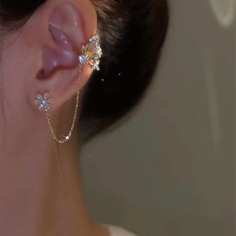 Sáng bóng zircon bướm tai cuff màu vàng tua kẹp trên bông tai cho phụ nữ phong cách hàn quốc bông tai hoa không xỏ khuyên trang sức ryvn