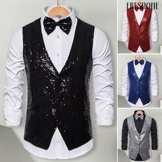 Áo ghi lê nam biểu diễn sân khấu compere emcee áo ghi lê shiny sequin slim fit v cổ không tay vest đơn-breasted với nơ-nút
