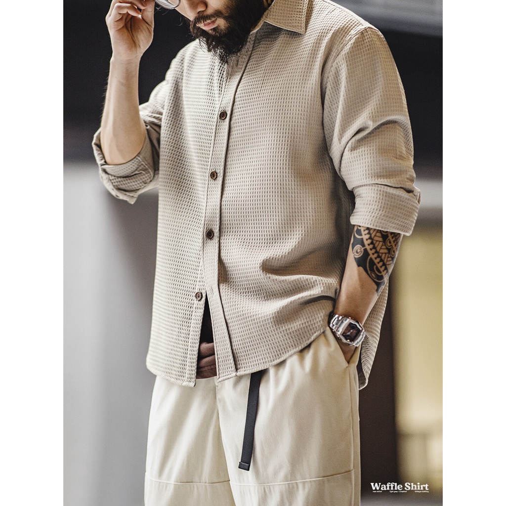 Maden brand men youth stable party 2023 mùa thu mới của mỹ thường xuyên waffle áo sơ mi dài tay dệt kết cấu áo sơ mi kẻ sọc chống nhăn hàng đầu
