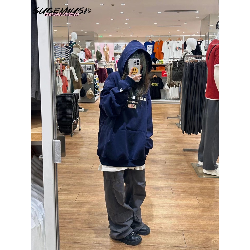 Sugemiusi Áo Sweatshirt Có Mũ Trùm Vải Lông Cừu Cỡ Lớn Màu Xanh Navy Phong Cách Retro Mỹ Thời Trang Xuân Thu 2023 Mới Bán Chạy