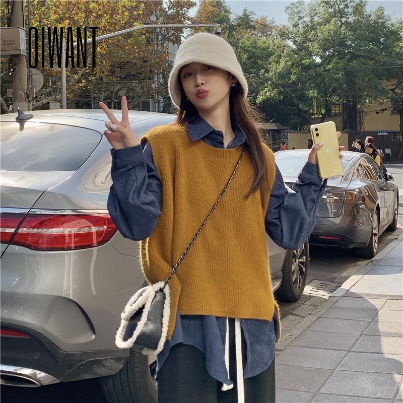Oiwant women 2023 màu rắn vest dệt kim cổ điển mùa thu đông xếp chồng lên nhau tháp bên ngoài không tay đơn giản hàng đầu