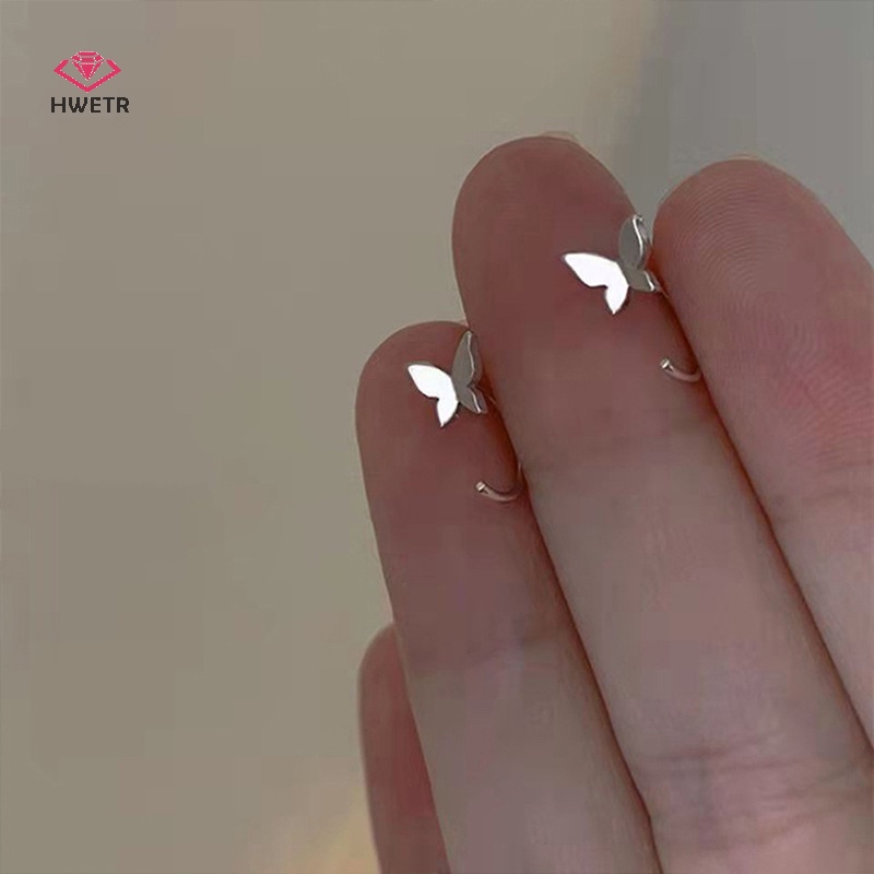 Bông tai nữ HWETR dạng vòng mở màu bạc pha lê dễ thương thời trang mới