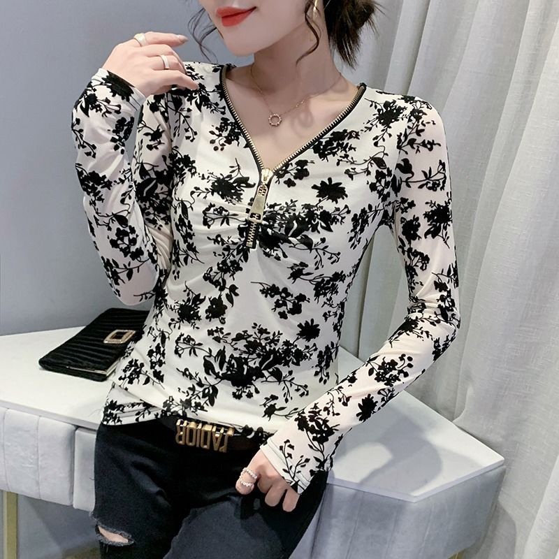 Áo Thun Tay Dài Cổ Chữ v In Họa Tiết Phong Cách Phương Tây Thời Trang Thu Đông Cho Nữ