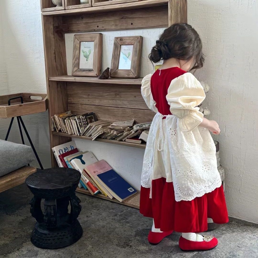 Đầm Công Chúa lolita Màu Đỏ Phong Cách Hàn Quốc Thời Trang Mùa Thu Cho Bé Gái
