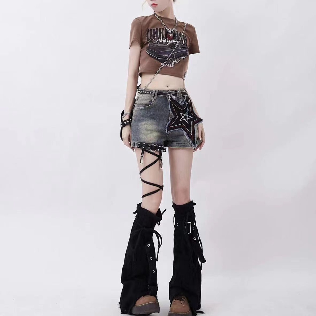 Y2k hot Vớ denim Ống Loe Dây Rút Thiết Kế Chéo Hợp Thời Trang Cho Nữ