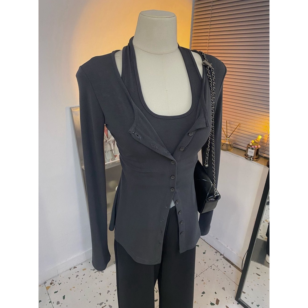 Áo Thun Hai Dây Giả Hai Lớp Dáng Ôm Phong Cách Hàn Quốc Dành Cho Nữ yxr3