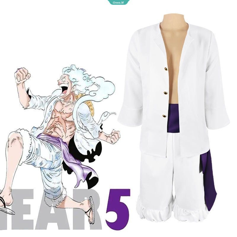 Gear 5 nika luffy cosplay trang phục one piece anime trang phục trang phục áo sơ mi quần với dạng sash anime quần áo trắng quà tặng người lớn [gm]