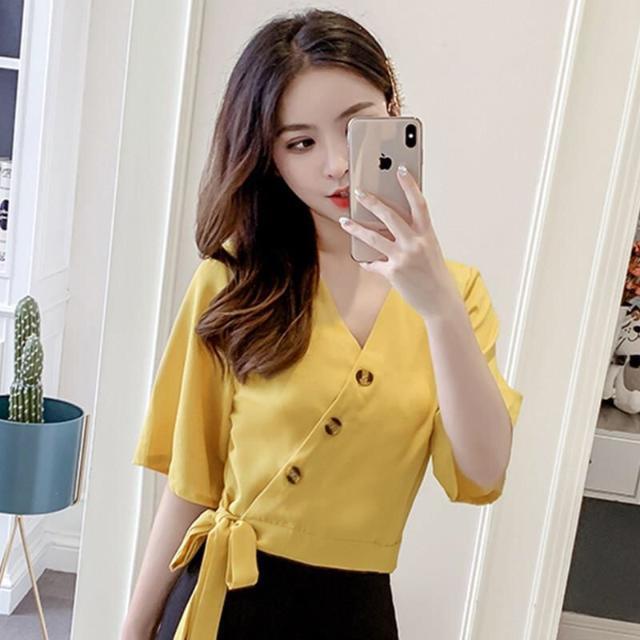 Áo Sơ Mi Ngắn Tay Cổ Chữ V Thắt Nơ Chéo Phong Cách Âu Mỹ Thời Trang Mùa Hè Mới