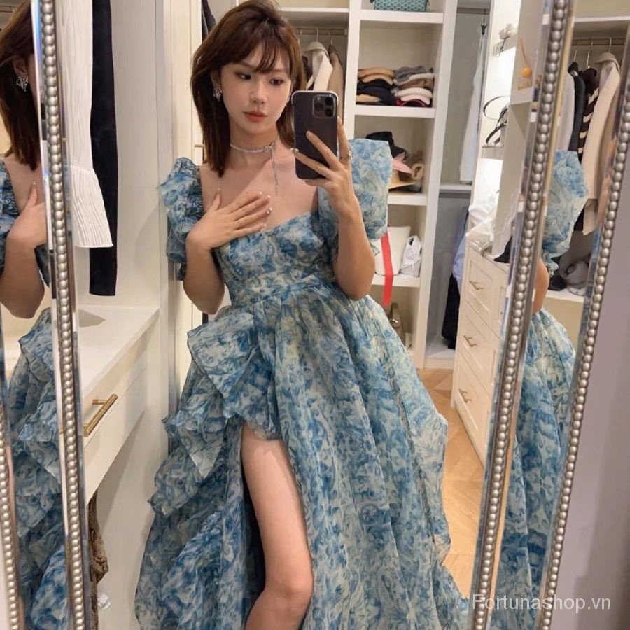 Sớm Mùa Xuân Phong Cách Mới Áo Tay Phồng In Họa Tiết Sứ Trắng Xanh Siêu Thơ Cao Cấp Dáng Hẹp Eo Pettiski