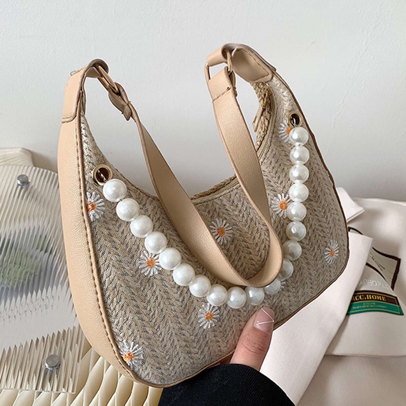 Túi Xách Đeo Dưới Cánh Tay In Hoa Cúc Đính Ngọc Trai Thời Trang Cho Nữ