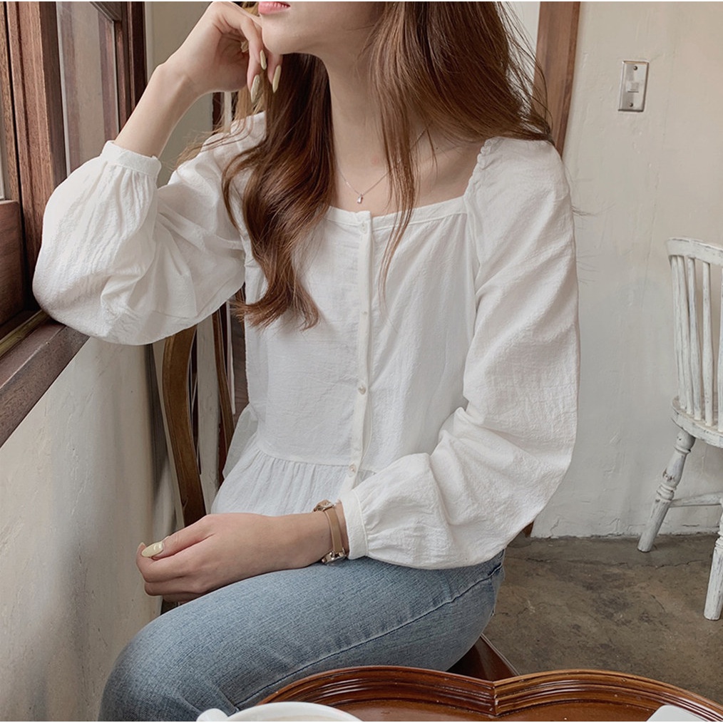 Áo sơ mi SUXI tay dài cổ vuông dáng rộng đơn giản phong cách Hàn Quốc thời trang