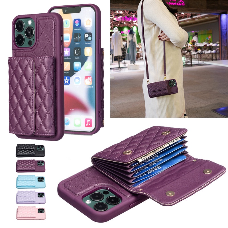 Ốp Điện Thoại Da Dạng Lưới Có Ngăn Đựng Thẻ Đeo Chéo Đa Năng Cho IPhone 14 I13 I12 Pro Max I14Plus