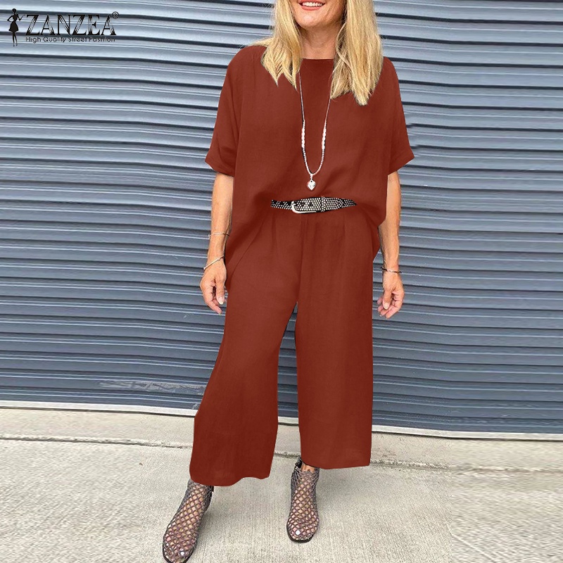 Zanzea Set Áo Kiểu Cổ Tròn Tay Lỡ + Quần Dài Lưng Thun Thời Trang Nữ