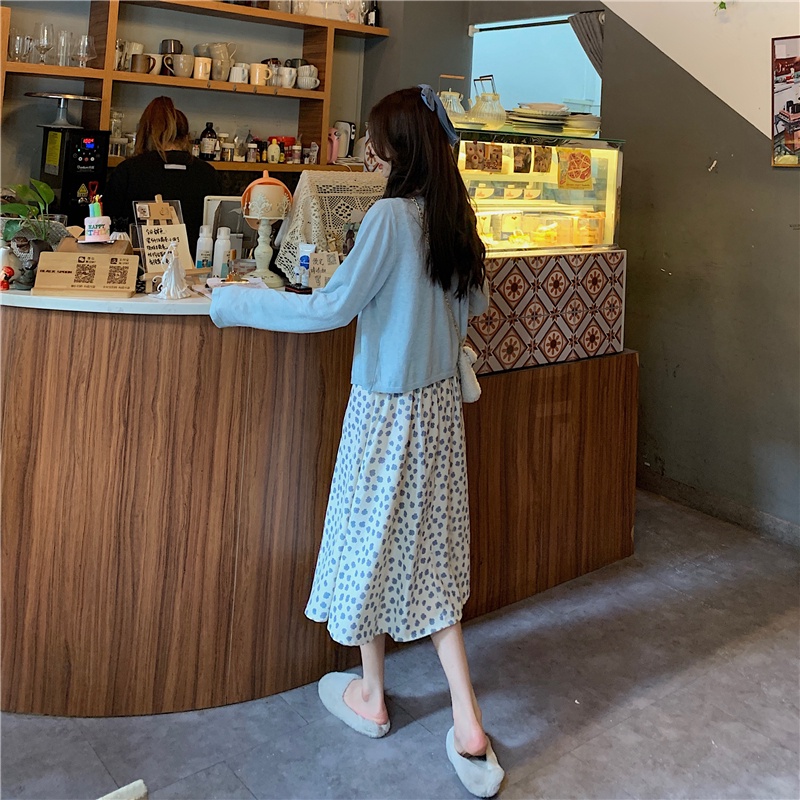 Set Đầm Hai Dây Và Áo Khoác Cardigan Họa Tiết Hoa Phong Cách Hàn Quốc Thời Trang Mùa Xuân Mới Cho Nữ