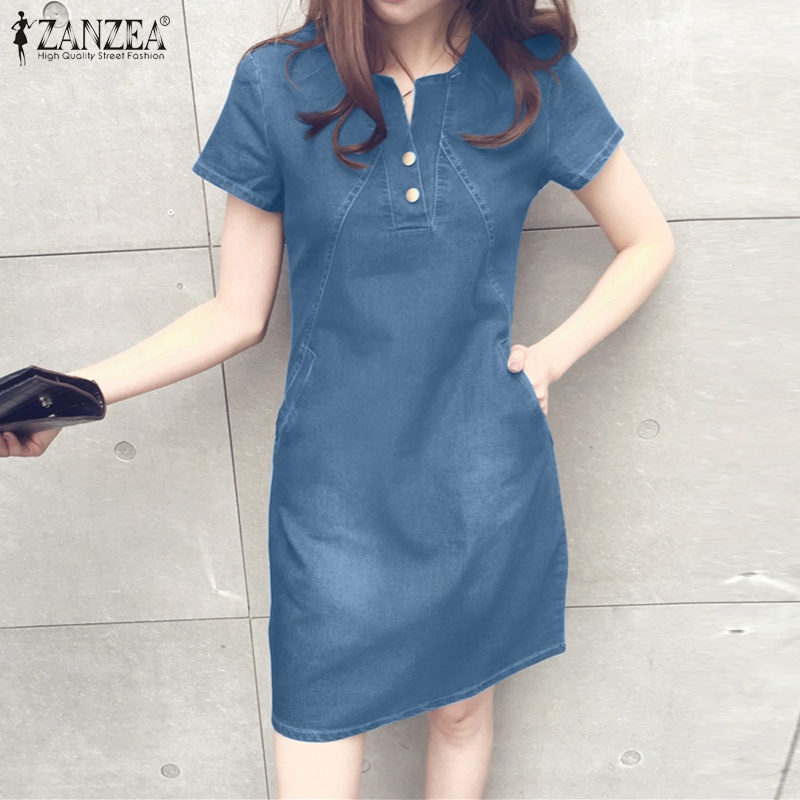 Đầm denim ZANZEA ngắn tay thời trang Hàn Quốc cho nữ