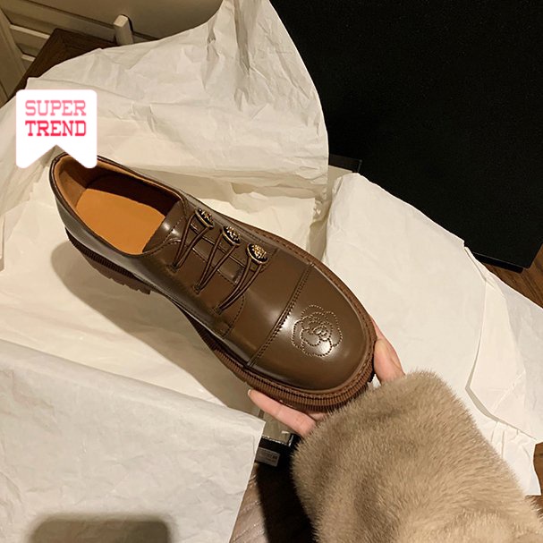 Giày Mũi Tròn Cột Dây Màu Trơn Phong Cách Thời Trang Anh Quốc Cổ Điển