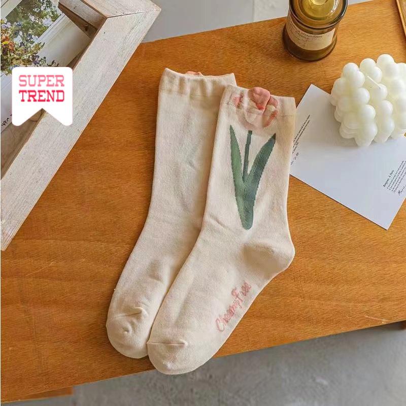 Vớ Cổ Trung In Họa Tiết Hoa Tulip Phong Cách Cổ Điển Thời Trang Cho Nữ