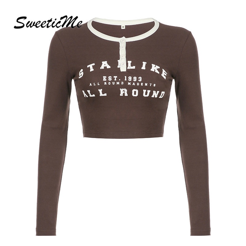 Áo Thun Crop Top Tay Dài Cổ Tròn In Chữ Thời Trang 2023 Dành Cho Bạn Nữ