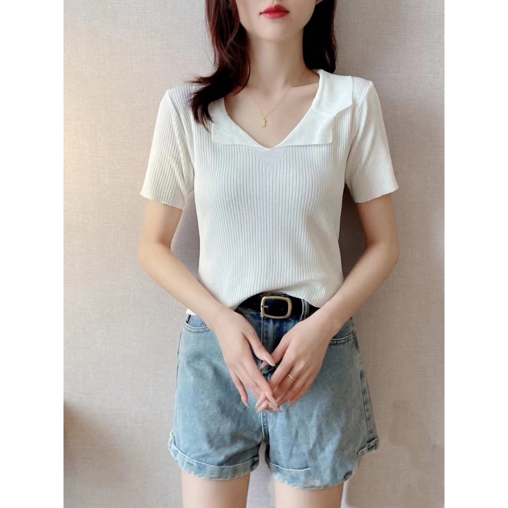SUXI Áo polo Dệt Kim Tay Ngắn Cổ V Dáng Ôm Thiết Kế Đơn Giản Cho Nữ