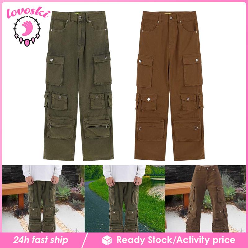 Quần Dài Ống Rộng Lưng Cao Có Túi Thời Trang Unisex