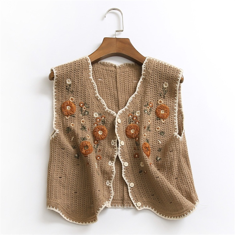 Áo Sweater Dệt Kim Sát Nách Thêu Họa Tiết Dân Tộc 2 Màu Tùy Chọn
