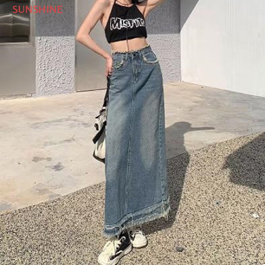 CAGJB Chân váy jean Dài Lưng Cao Thời Trang 2022 Y2k Phong Cách Vintage Hàn Quốc Cho Nữ