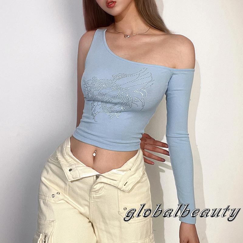 Áo Croptop Trễ Vai Tay Dài Đính Kim Cương Nhân Tạo 00GB