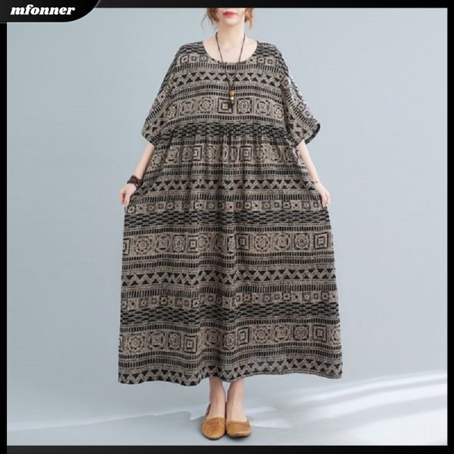 Đầm Midi Chữ A Tay Ngắn Dáng Rộng In Họa Tiết Phong Cách Bohemian Cổ Điển Thời Trang Mùa Hè Cho Nữ