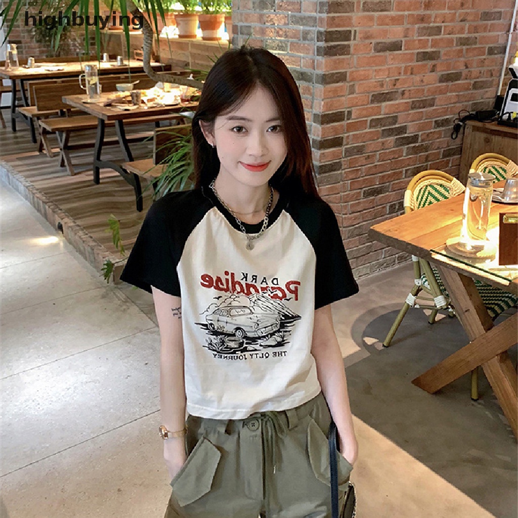 Áo Thun Lửng Ngắn Tay Cổ Tròn In Họa Tiết Phong Cách Retro Mỹ