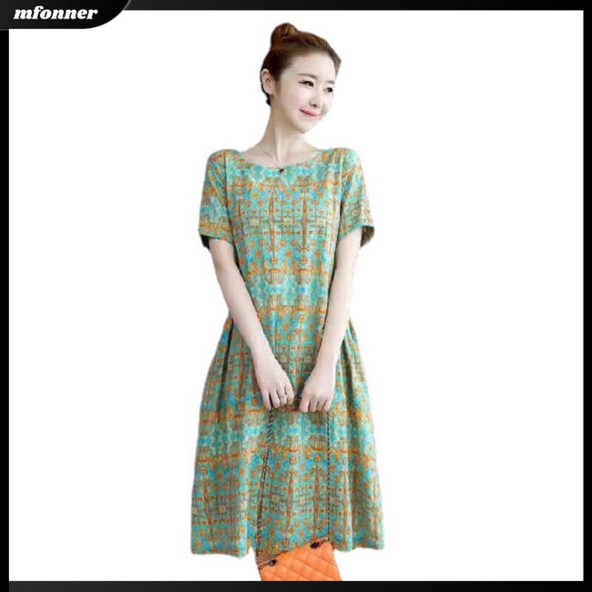 Đầm Tay Ngắn Cổ Tròn Plus Size Phong Cách Retro Thời Trang Cho Nữ