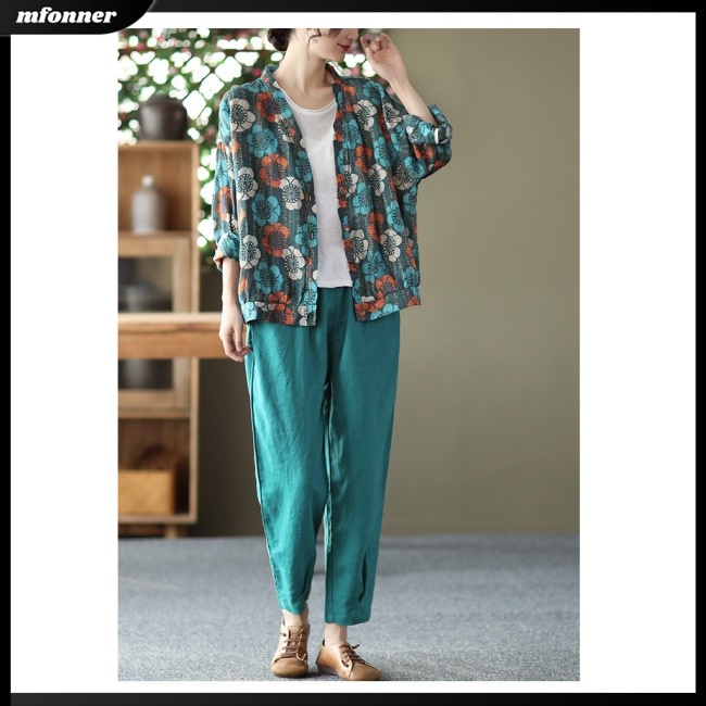 Áo Sơ Mi Tay Dài Cổ Chữ V Dáng Rộng Vải Lanh In Họa Tiết Thời Trang Cho Nữ