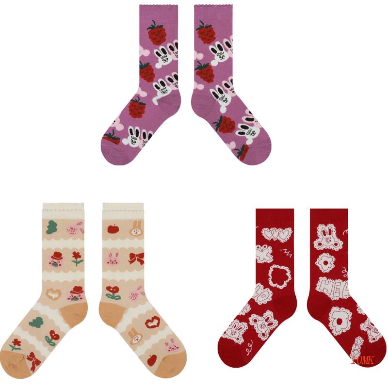 Xiangbao Vớ Cotton Jacquard Họa Tiết Thỏ / Dâu Tây / Gấu Hoạt Hình Dễ Thương Cho Nữ