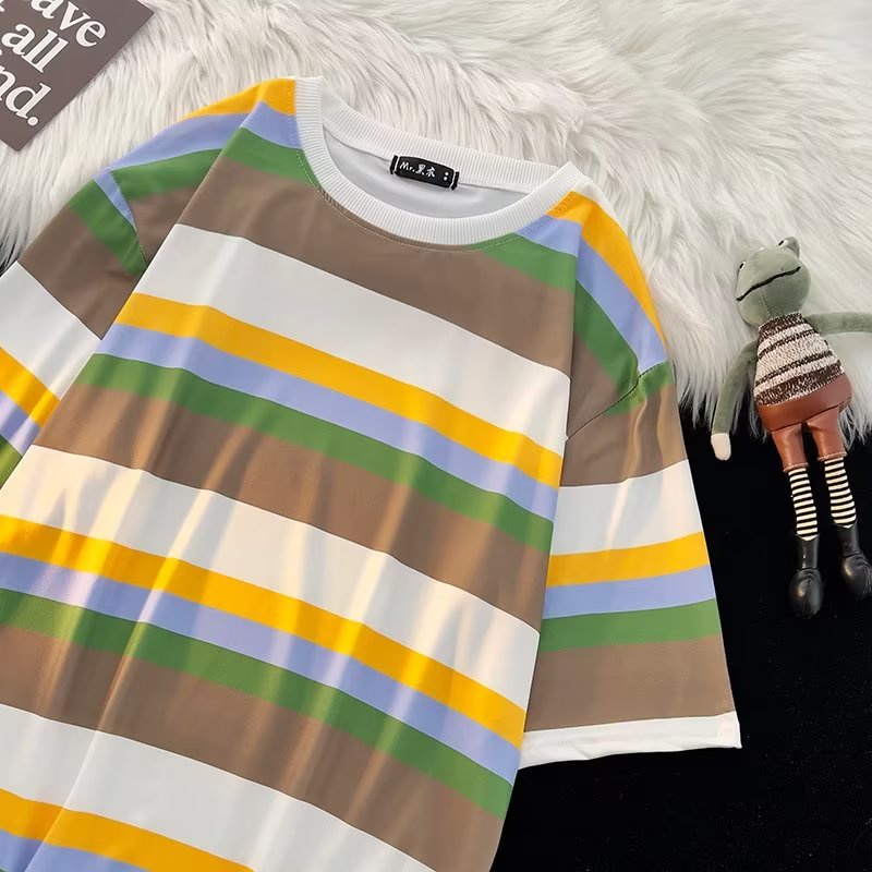 Áo Thun Tay Ngắn Cổ Tròn Họa Tiết Kẻ Sọc Thời Trang Mùa Hè 2023 Mới Cho Nam