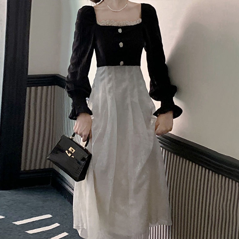 [F &amp; X] Đầm Ren Tay Dài Phong Cách Hepburn Cao Cấp Mùa Thu Sang Trọng Phong Cách Pháp Cổ Điển Cho Nữ