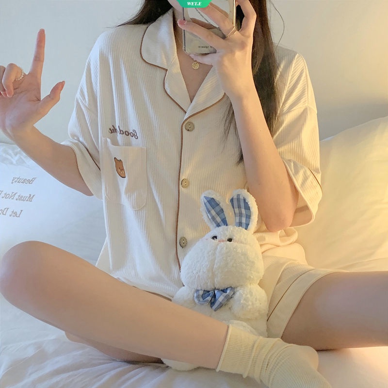 Bộ Đồ Ngủ Tay Ngắn Dáng Rộng In Hình Gấu Dễ Thương Phong Cách Hàn Quốc Thời Trang Mùa Hè 2023