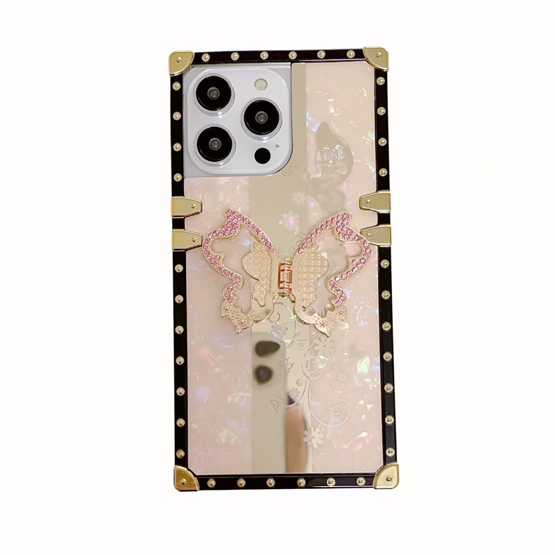 Ốp Điện Thoại Dạng Vuông Có Giá Đỡ Hình Hoa Bướm Cho iPhone 14promax 14pro 14 plus 13 13promax 12 / 12pro 11promax Xsmax XR