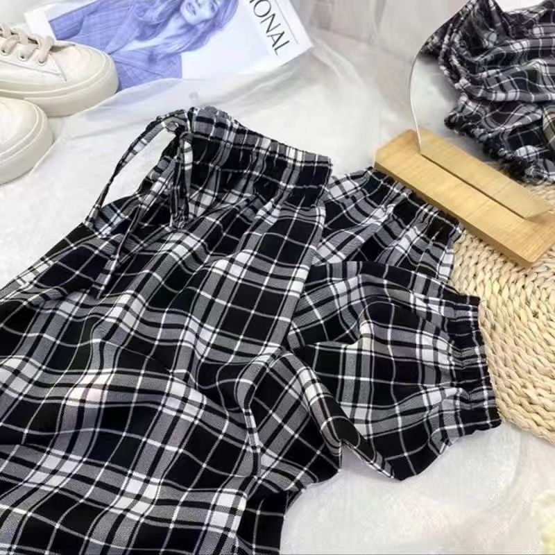 Quần Harem Dài Đến Mắt Cá Chân Dáng Rộng Bằng Lụa Lạnh Chiffon Sọc Caro Trắng Đen Chống Nắng Mùa Hè Cho Học Sinh Nữ